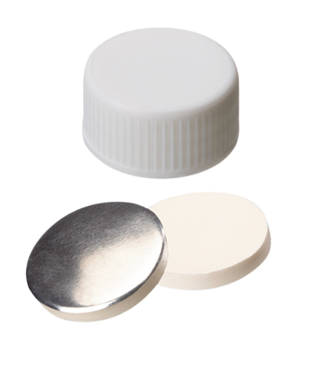 Skrutkovací uzáver ND25, PP, biely, plné viečko, sil./hliník.fólia, 100ks, LABSOLUTE